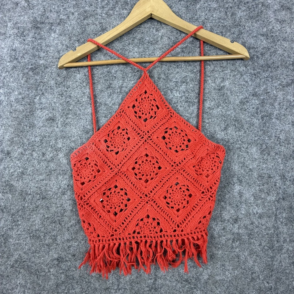 Lush Halter Cropped Top Womens Small Poppy Red Fringe Crochet Festival Bohemian
